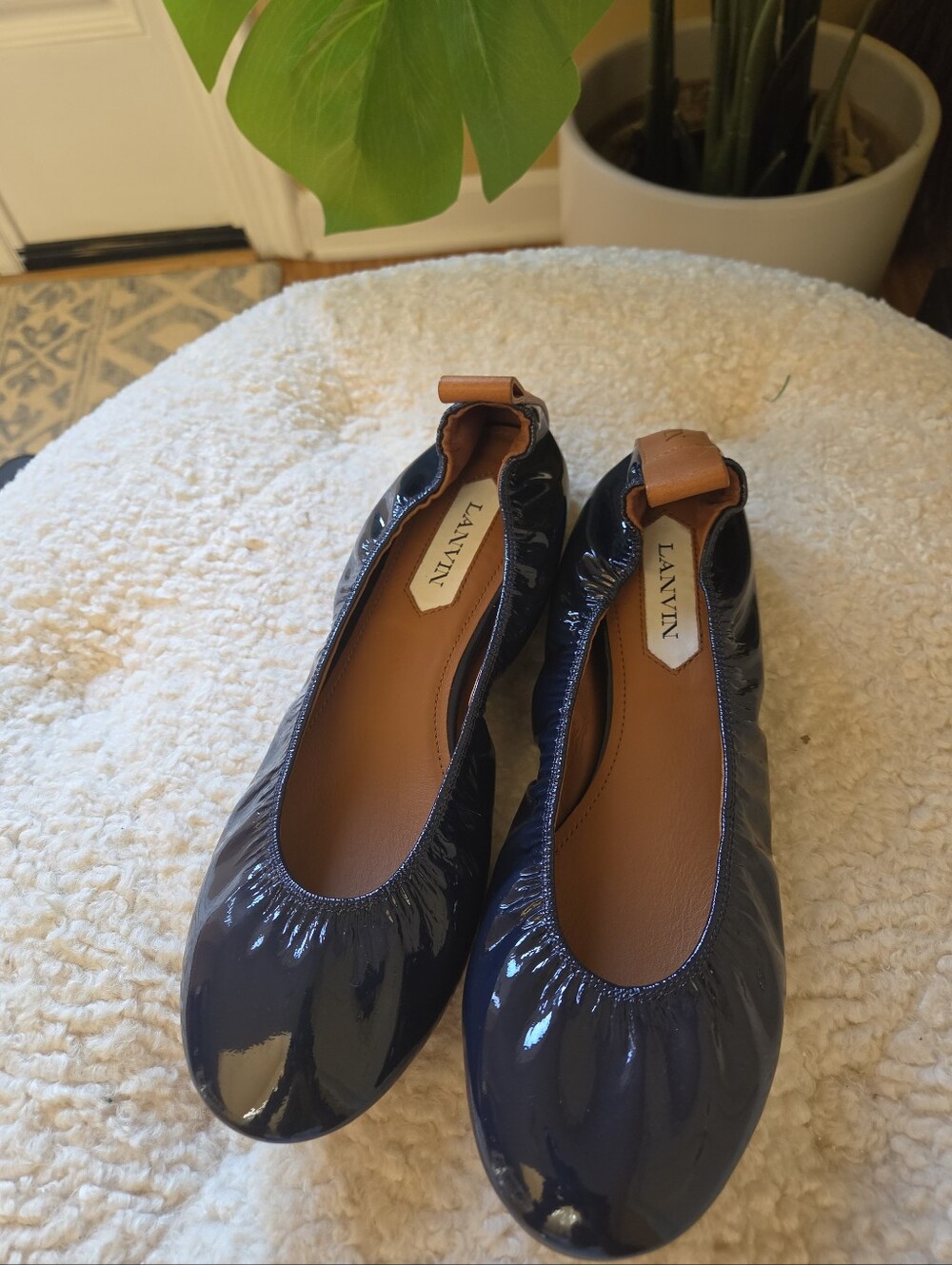 Lanvin Navy Patent Elastic-Trim Ballet Flat